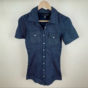 Anchor Blue | Vintage Striped Button Down Short Sleeve Tunic Shirt Top